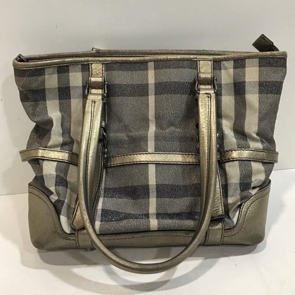 Women’s Burberry Silver Shimmer Check Degrade Buckle Tote Bag - Picture 3 of 9